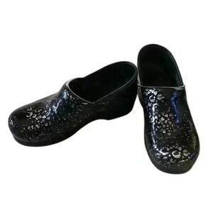 Dansko Black and Silver Patent Leather Clogs Women's size 38 / 7.5